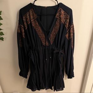 Free People Navy Blue Beaded Tunic Dress with adjustable tie sides.